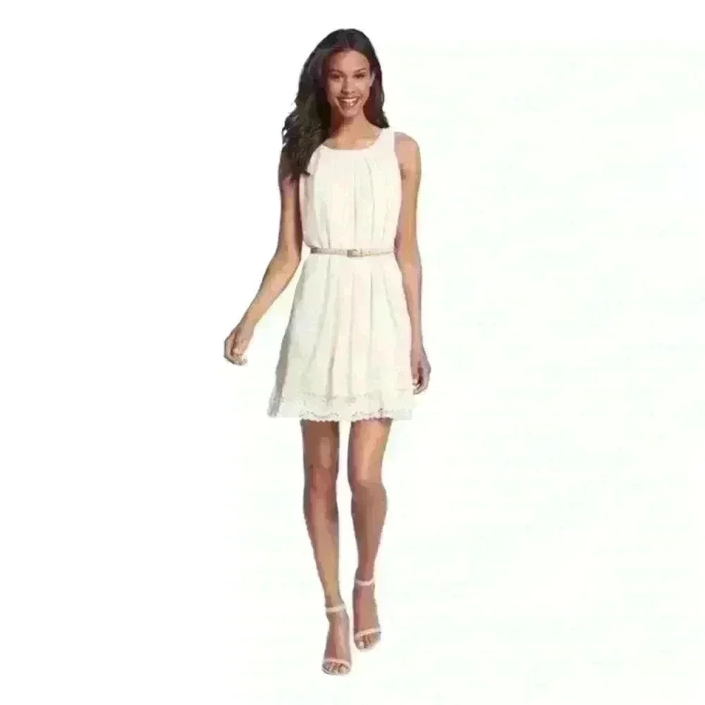 Jessica Simpson Size 8 Cream Layered Sleeveless Chiffon Eyelet Dress Party Belt